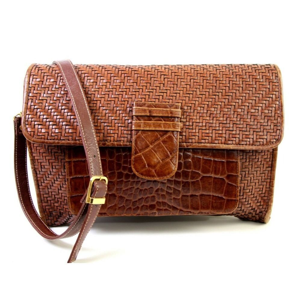 BRIO! BROWN CROCO BRAIDED GENUINE LEATHER ENVELOPE CLUTCH SHOULDER BAG HANDBAG
